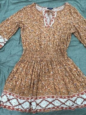 American Eagle Outfitters Rust Floral Smocked-Waist Long Sleeve Dress